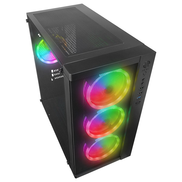 Rampage Számítógépház - VEGA V2 (fekete; üveg; ATX; alsó táp; 4x120mm RGB, 1xUSB3.0 + 2xUSB2.0)