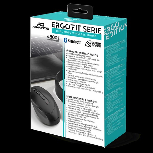 Advance  ERGOFIT  4800 DPI  ergonomikus Egér vezeték nélküli  fekete 
