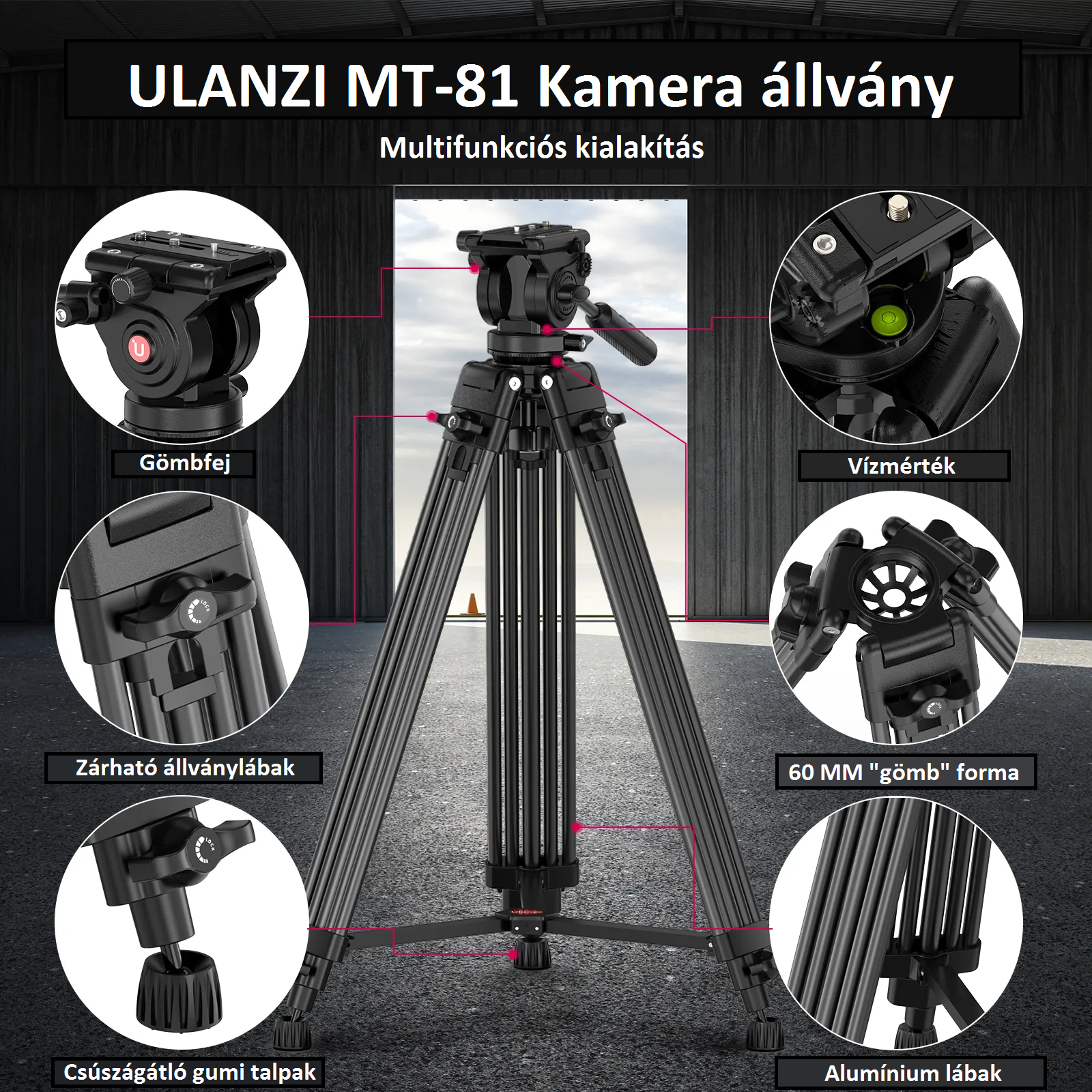 Ulanzi MT-81, T080GBB1 nagy teherbírású videó állvány, fluid videófejjel