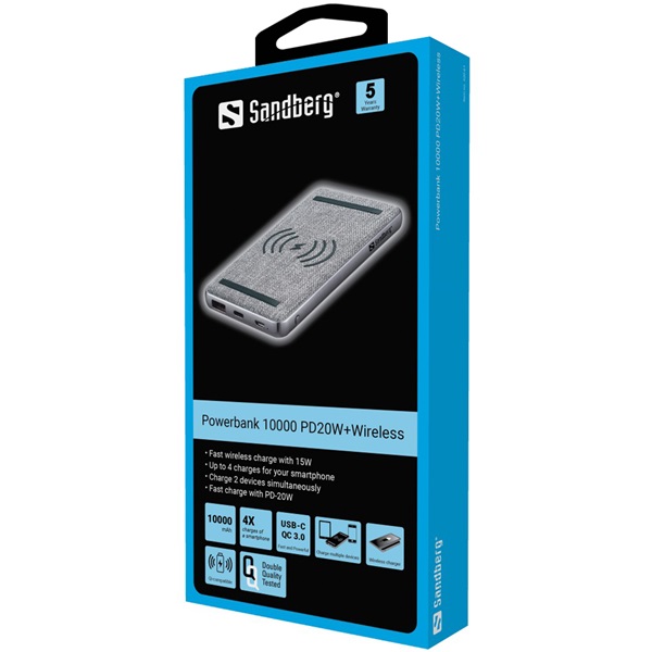 Sandberg 10000 PD20W Wireless 10000mAh Power Bank szürke