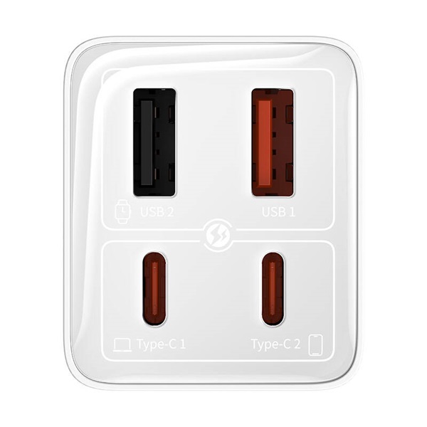 Baseus GaN6 Pro hálózati gyorstöltő 65W 2×USB Type-C + 2×USB Type-A fehér + 100W USB Type-C 1m kábel