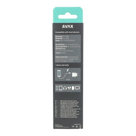  AVAX CH631W FIVEY+ USB A + Type C 25W GaN gyors hálózati töltő  fehér