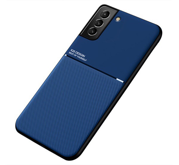 Műanyag telefonvédő (szilikon keret, közepesen ütésálló, beépített fémlemez, bőr hatású hátlap, csíkos minta) SÖTÉTKÉK [Samsung ...