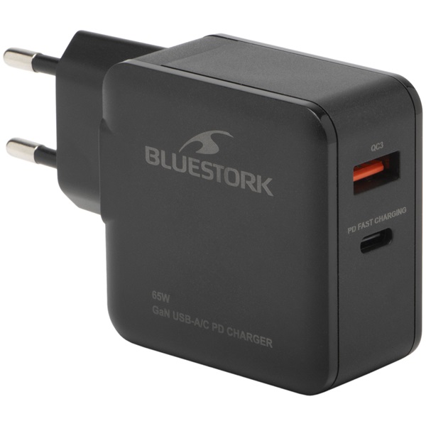 Bluestork PW-BS-65-GAN-C-A  USB-C USB-A 65W 1,8m kábel  gyorstöltés Hálózati töltő  Fekete 