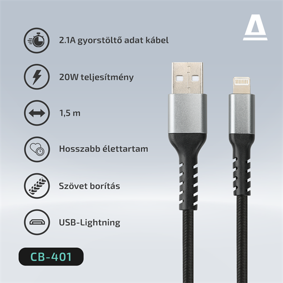  AVAX CB401G STEELY USB A-Lightning 20W   3A  1,5m acélszürke 