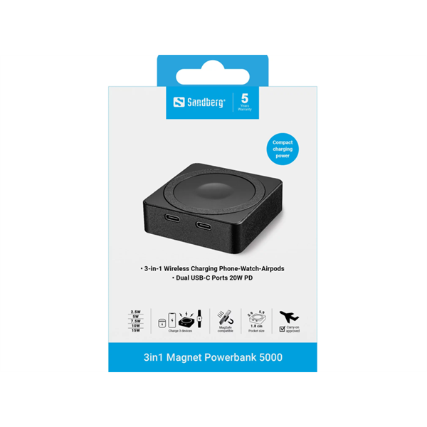 SANDBERG 3 in 1 mágneses powerbank, 5000 mAh (18.5 Wh), carry - on approved, 1,8 cm, 5 év garancia