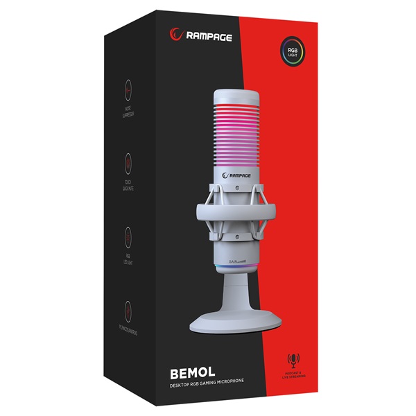 Rampage    BEMOL USB PC/MAC/Android  zajelnyomó  állvány fehér  2m kábel  RGB Mikrofon