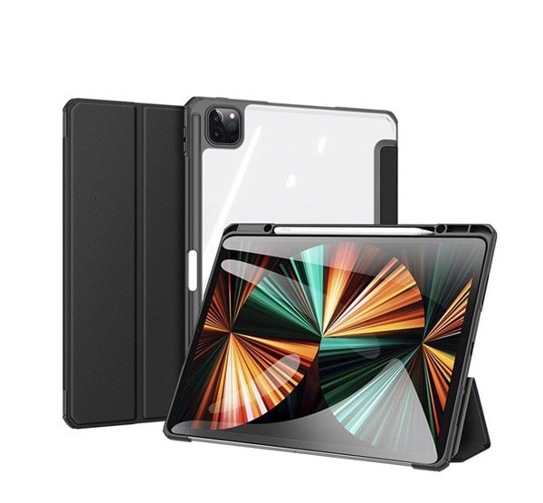 DUX DUCIS TOBY tok álló, bőr hatású (aktív FLIP, oldalra nyíló, TRIFOLD asztali tartó funkció) FEKETE [Apple IPAD Pro 12.9 (2021)]