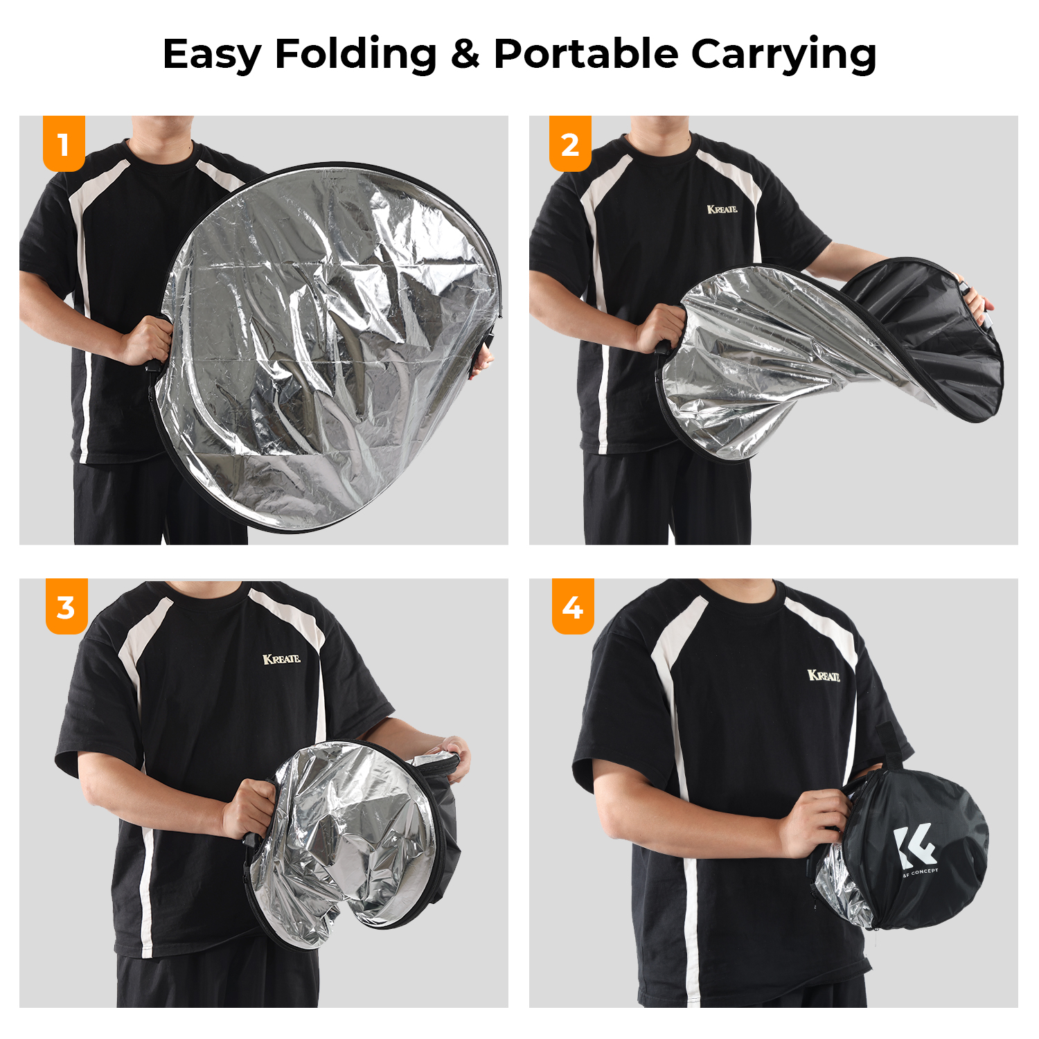 K&F Concept 5in1 derítőlap, reflektor fogantyúval 110cm (feh, fek, arany, ezüst, transp) + hordtáska
