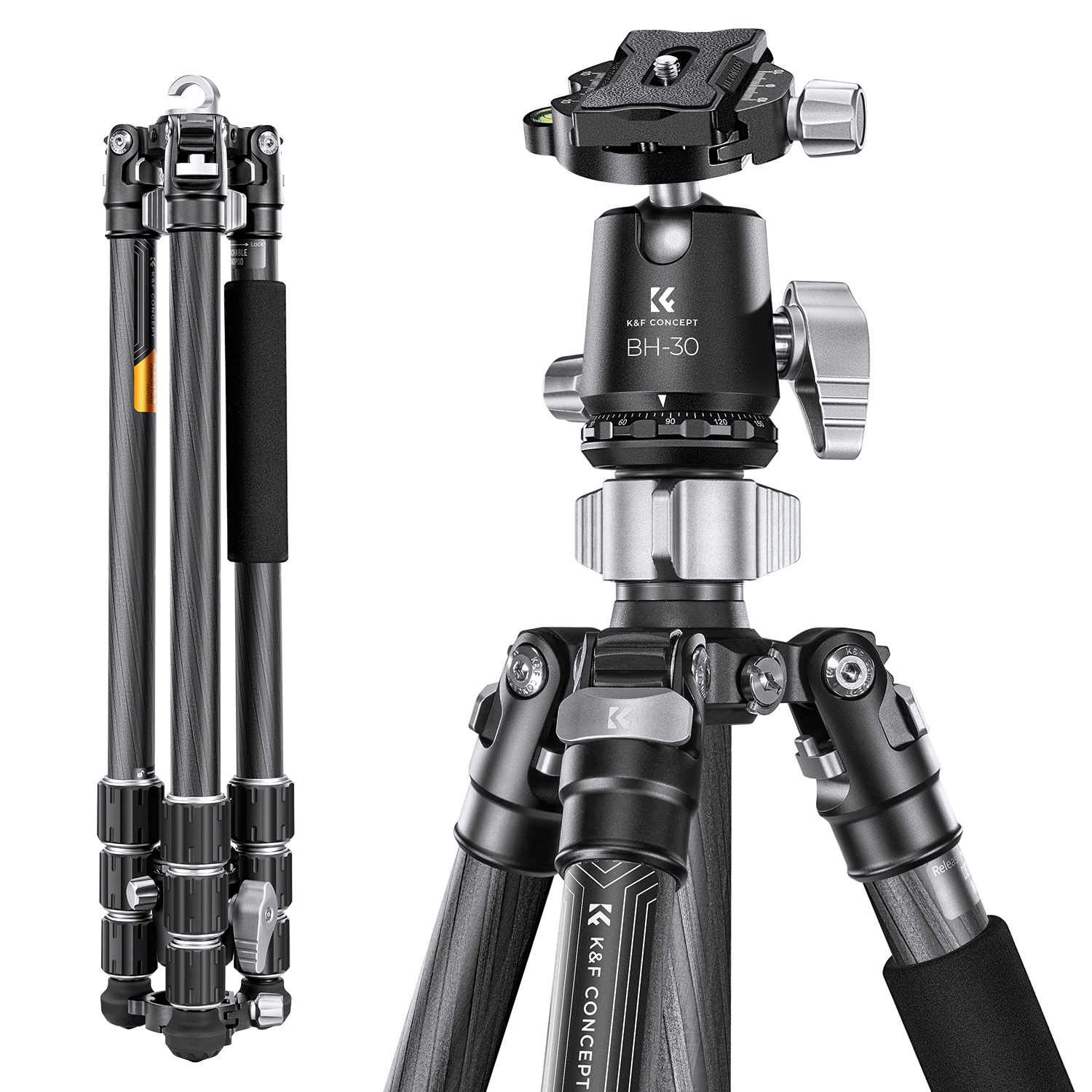 K&F Concept X254C4+BH-30 karbon állvány + monopod, 172cm magasság, 12kg teherbírás