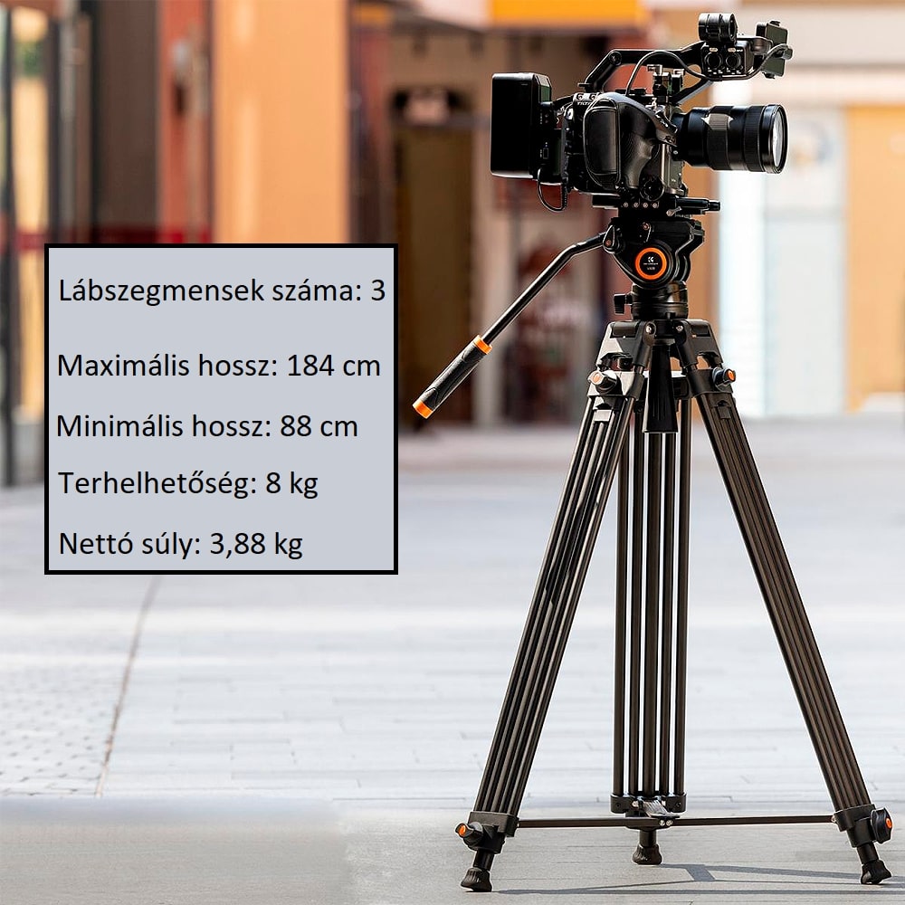 K&F Concept VA18 videóállvány  VH081 fluid video fej 183cm magasság 8kg teherbírás