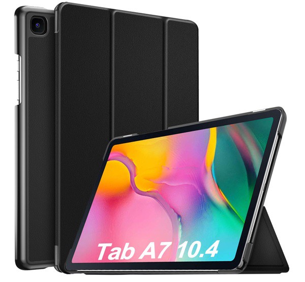 Tok álló, bőr hatású (aktív FLIP, oldalra nyíló, TRIFOLD asztali tartó funkció) FEKETE [Samsung Galaxy Tab A7 10.4 (2020) LTE SM-T505]