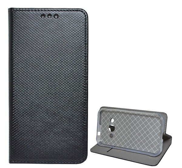 Tok álló, bőr hatású (FLIP, oldalra nyíló, asztali tartó funkció, rombusz minta) FEKETE [Samsung Galaxy Xcover 3 (SM-G388)]