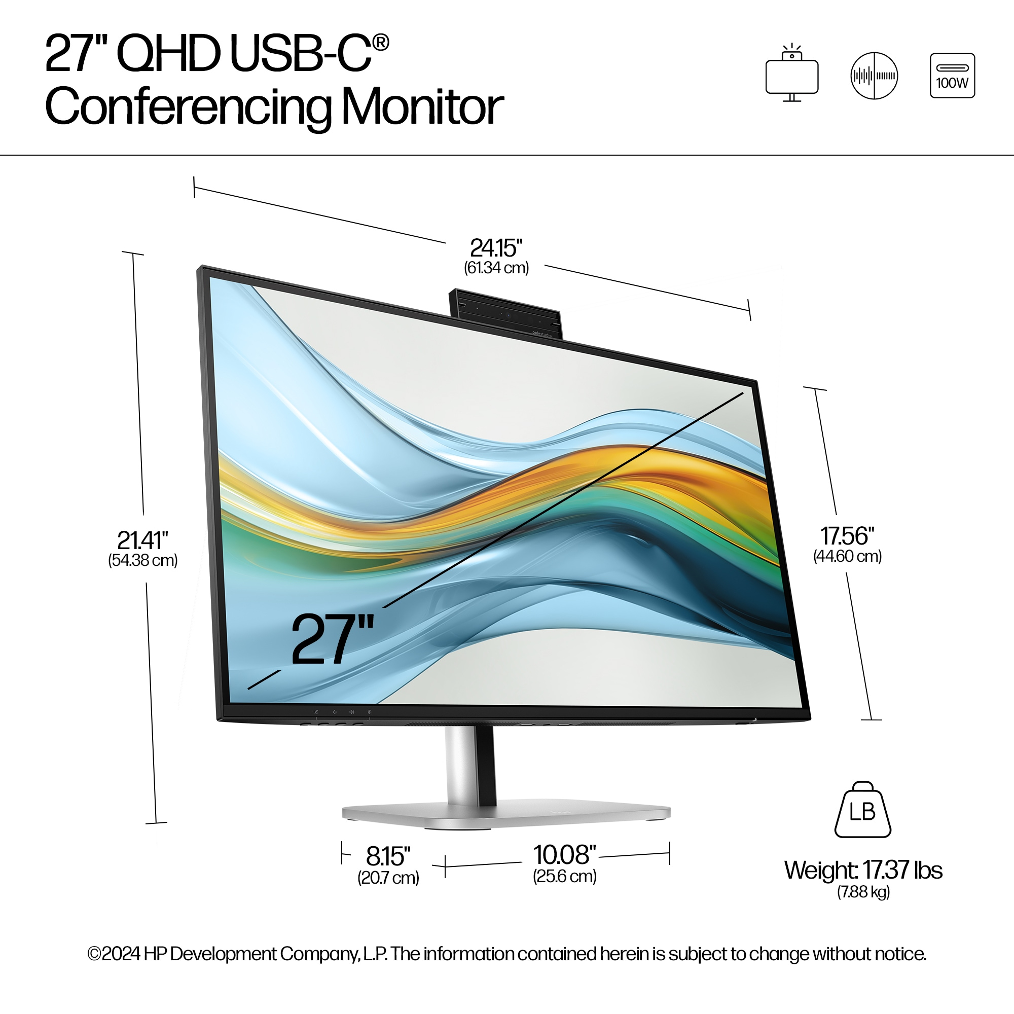 HP 27" S5 Pro 527pm Monitor - 2560x1440, QHD, LED, IPS, 100Hz, 5ms, Hangszóró, LAN, Pivot, WEBCAM, Fekete-ezüst