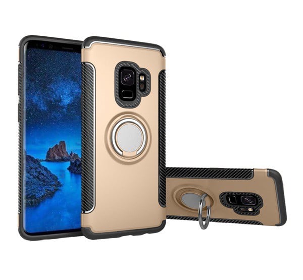 Műanyag telefonvédő (szilikon keret, asztali tartó funkció, telefontartó gyűrű, beépített fémlemez, karbon minta) ARANY [Samsung Galaxy S9 ...