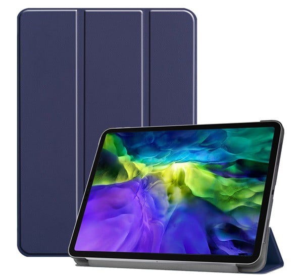 Tok álló, bőr hatású (aktív FLIP, oldalra nyíló, TRIFOLD asztali tartó funkció) SÖTÉTKÉK [Apple IPAD Pro 11 (2021)]