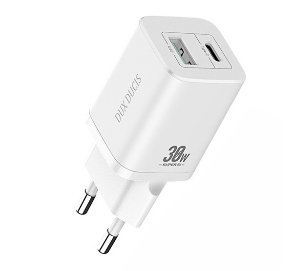 DUX DUCIS C80 hálózati töltő USB aljzat / Type-C aljzat (5V / 3000 mA, 30W, gyorstöltés támogatás) FEHÉR (C80)