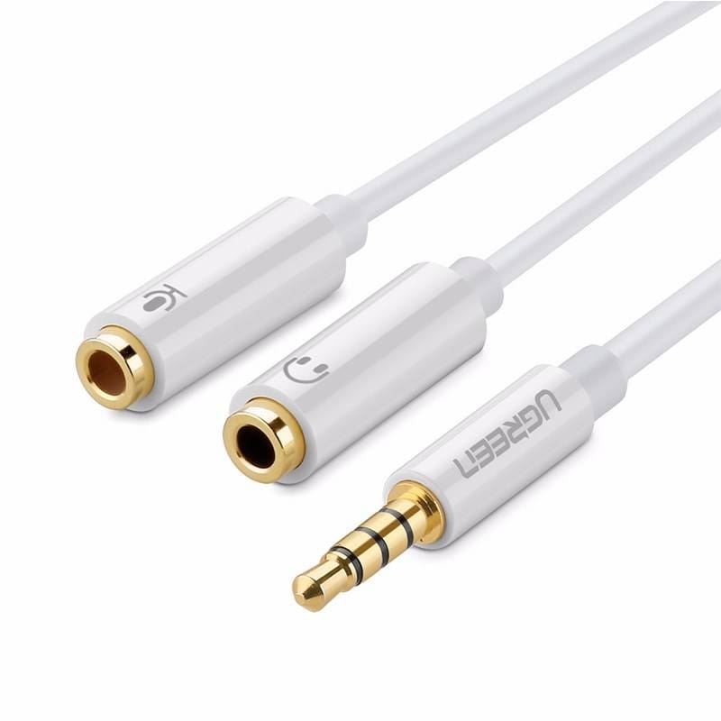 UGREEN AV141 AUX hangelosztó 3,5 mm-es mini jack (férfi) fejhallgatóhoz + mikrofonhoz, anya, 20cm, fehér (10789)