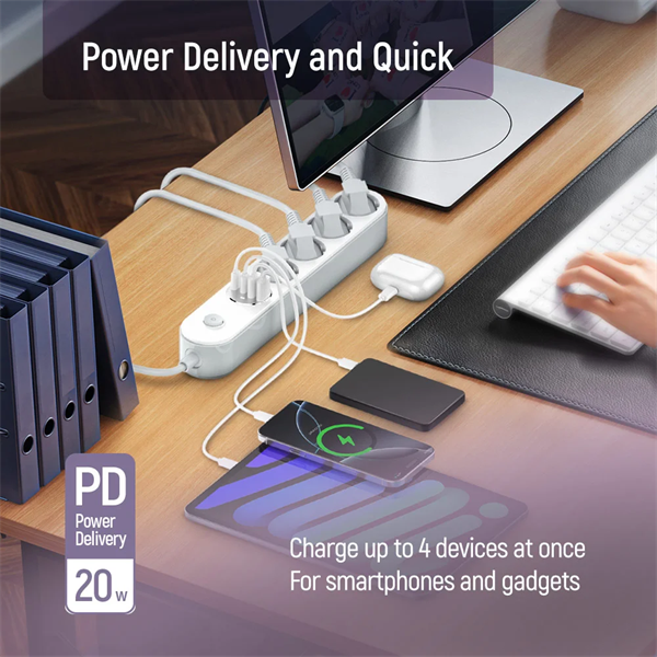 COLORWAY Hálózati elosztó, CW-CHE44PDW, 4 dugalj, 4xUSB (Type-C 2PD20W + 2USB QC3.0) (20 W), 2 m, fehér