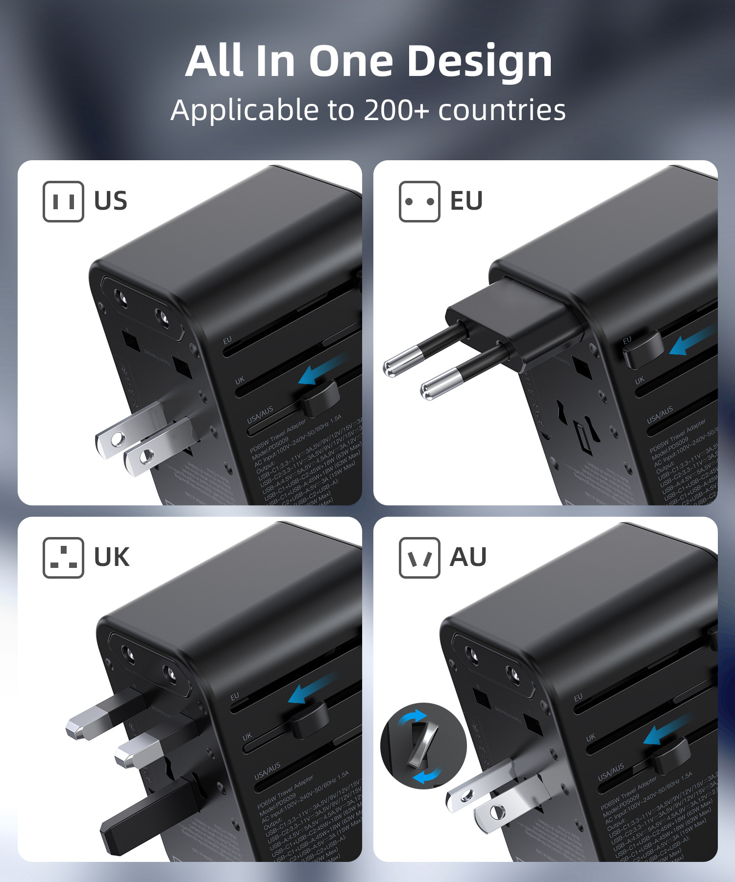 Choetech USB-C*2+A  65W travel US,UK,EU,AU töltő Fekete  