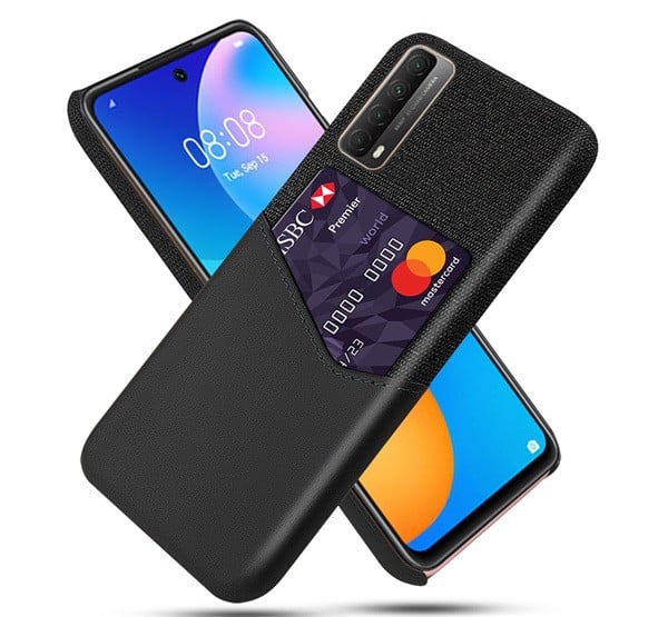 Műanyag telefonvédő (közepesen ütésálló, bankkártya tartó, textil bevonat, bőr hatású hátlap) FEKETE [Huawei P Smart (2021)]