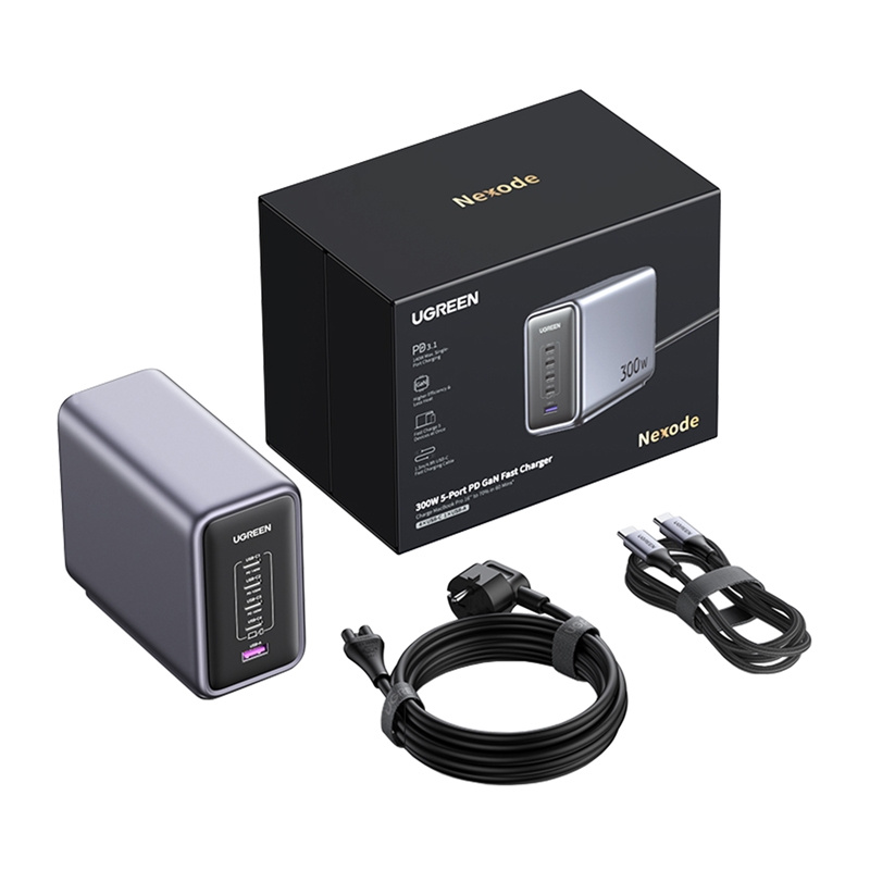 UGREEN CD333 Nexode USB + 4x USB-C GaN 300W + 240W USB-C kábel  hálózati töltő Fekete