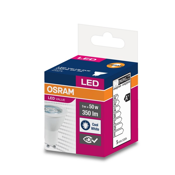 Osram Value PAR16 műanyag ház/5W/350lm/4000K/GU10/230V/36fok/70lm/W LED spot izzó Osram Value PAR16 műanyag ház/5W/350lm/4000K/GU10/230V/36fok/70lm/W LED spot izzó