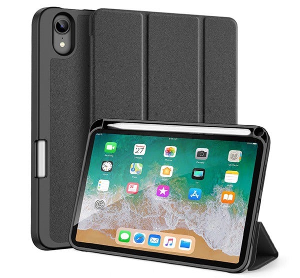 DUX DUCIS DOMO tok álló, bőr hatású (aktív FLIP, oldalra nyíló, TRIFOLD Apple pencil tartó, textil minta) FEKETE [Apple IPAD mini 6 (2021)]