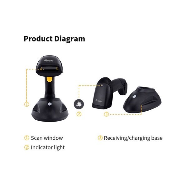 EQuip Wireless 1D Laser Barcode Scanner Long Distance with Stand Vonalkódolvasó Fekete