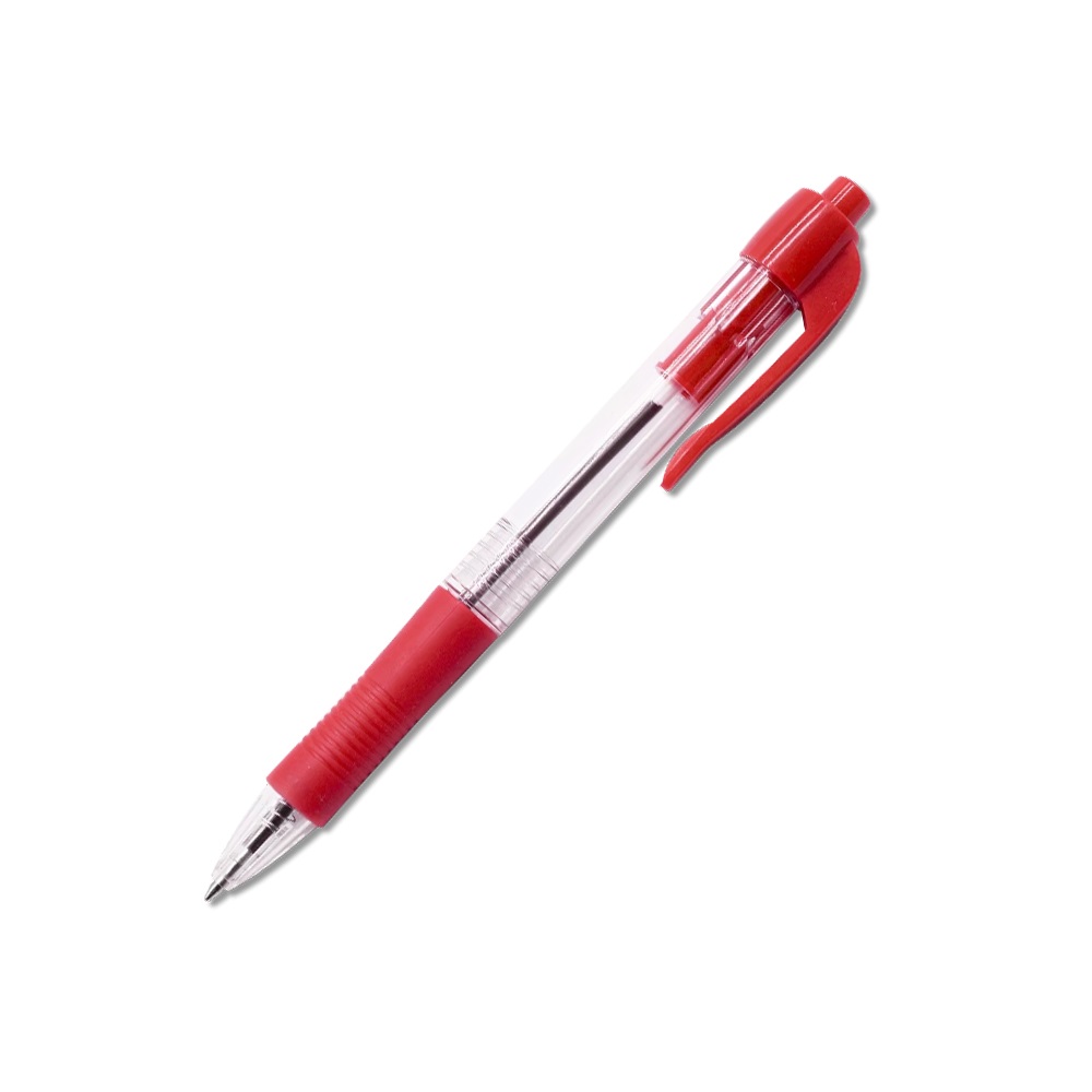 Bluering Golyóstoll 0,7mm, nyomógombos, gumírozott fogórész, piros átlátszó test,  R2, írásszín piros (JJ20248)