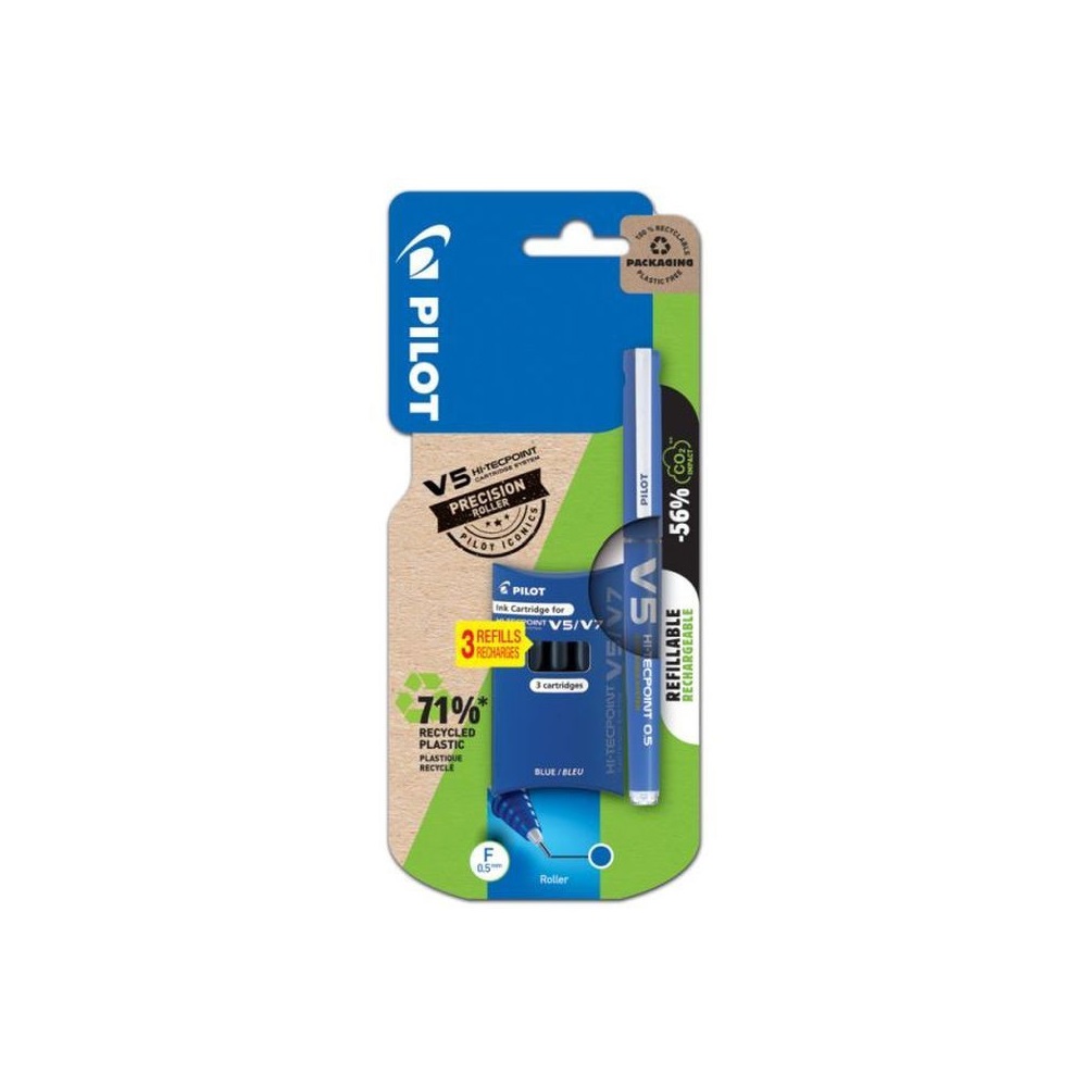 PILOT Rollertoll 0,5mm, kupakos tűhegyű V5 HI-Tecpoint BT + 3 db betét , írásszín kék (BXC-V5-L+S3-BT)