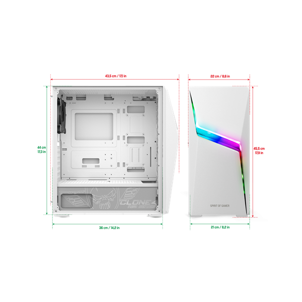 Spirit of Gamer Számítógépház - CLONE 4 White (fekete, ablakos, 8x12cm ventilátor, alsó táp,  ATX, 1xUSB3.0, 2xUSB2.0)
