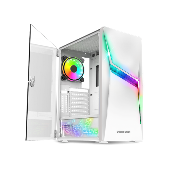 Spirit of Gamer Számítógépház - CLONE 4 White (fekete, ablakos, 8x12cm ventilátor, alsó táp,  ATX, 1xUSB3.0, 2xUSB2.0)