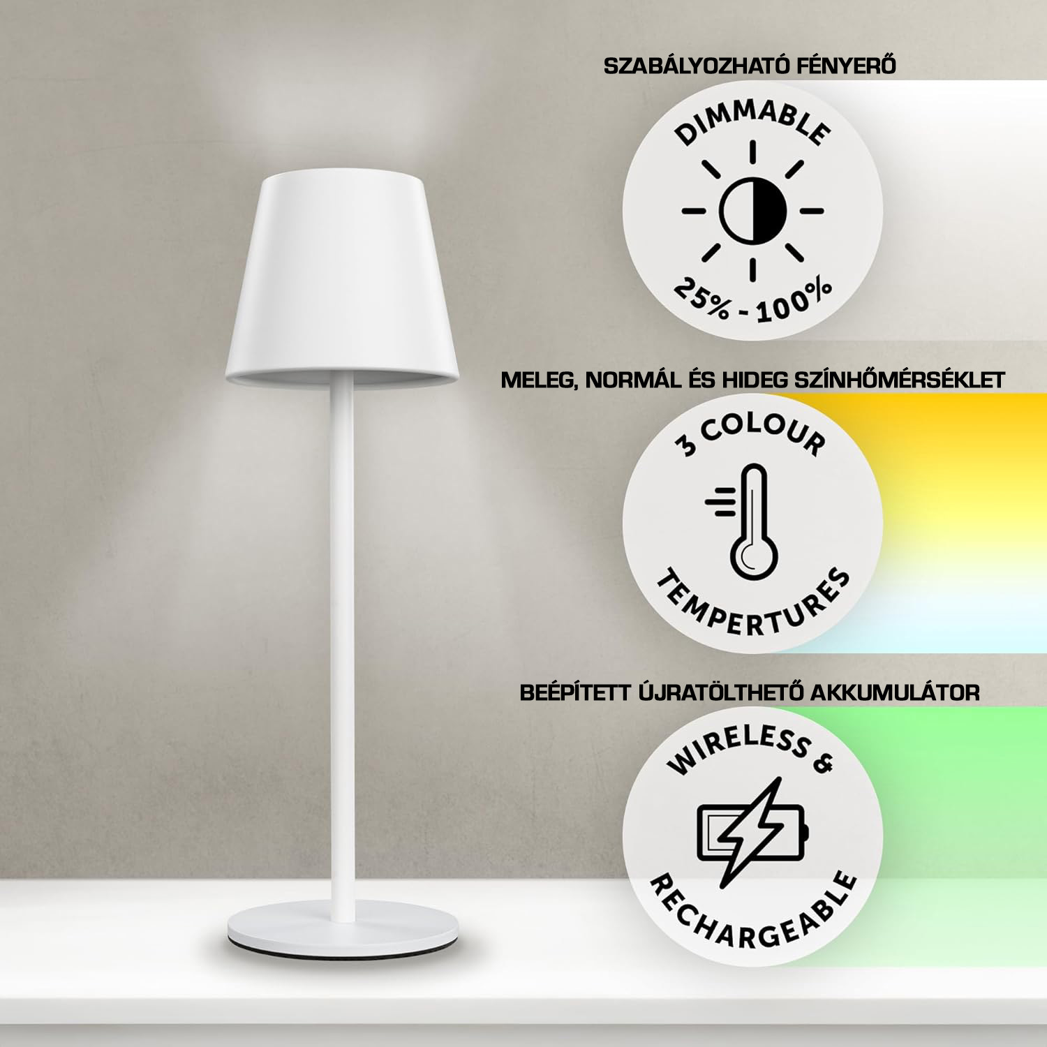 Dörr Manta akkumulátoros asztali LED lámpa, fényerő és színhőmérséklet szabályozás, 36cm, fehér