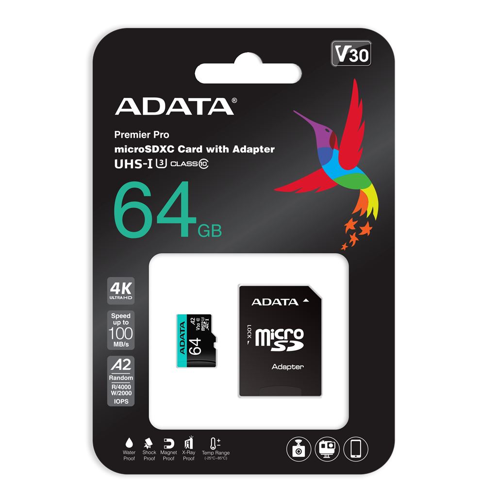 A-Data 64GB microSDXC Premier Pro Class 10 UHS-I U3 A2 V30 + adapterrel A-Data 64GB microSDXC Premier Pro Class 10 UHS-I U3 A2 V30 + adapterrel