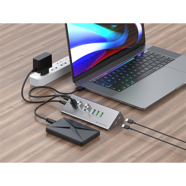 Conceptronic HUBBIES18G 10 port USB-A/C to 2x USB-C+8x USB-A külső táp  USB Hub Szürke