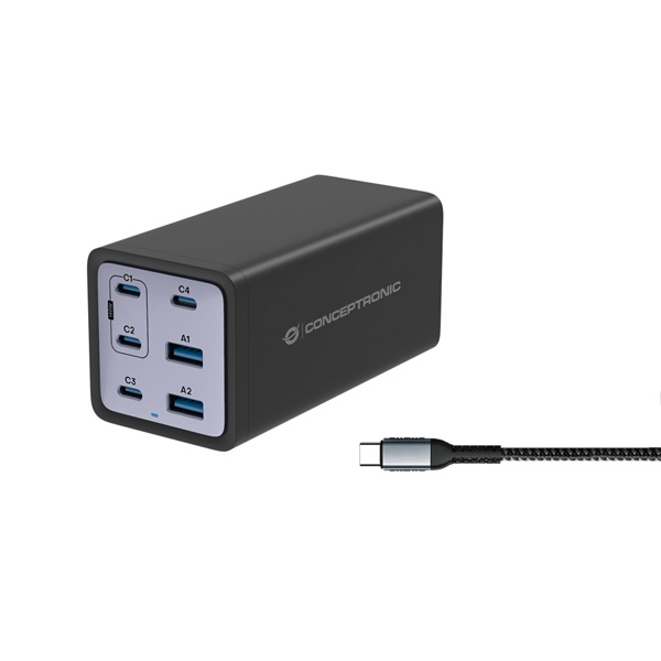 Conceptronic OZUL06BE 4x USB-C+2x USB-A 200W telefon töltő adapter Fekete Conceptronic OZUL06BE 4x USB-C+2x USB-A 200W telefon töltő adapter Fekete