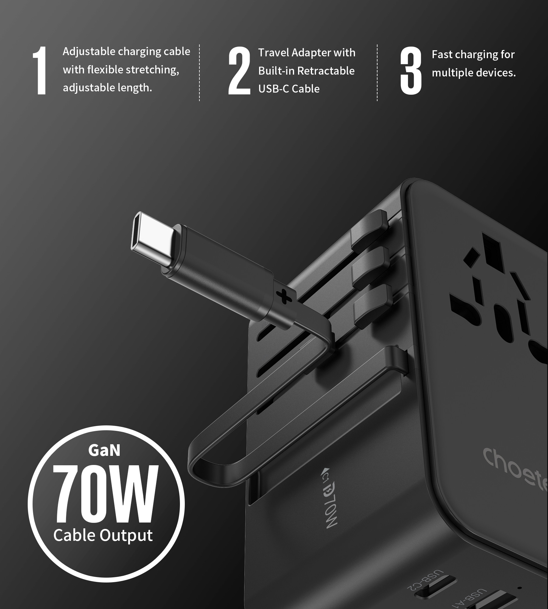 Choetech USB-C*2+USB-A*2  70W travel USB-C kábellel  US,UK,EU,AU töltő Fekete 