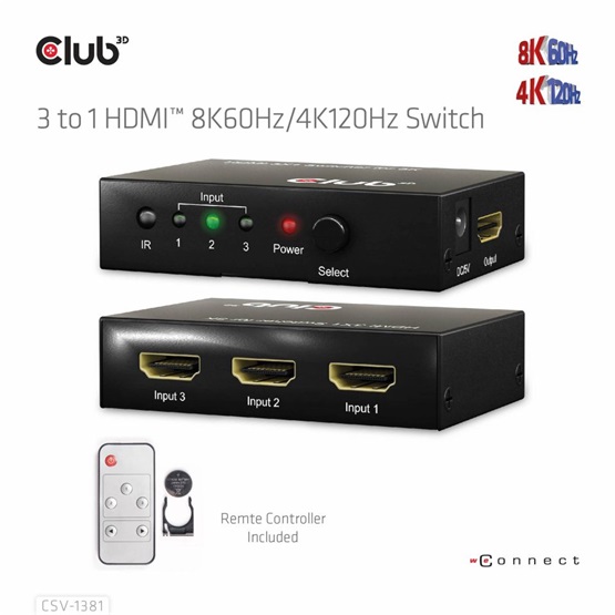 Club3D 3 to 1 HDMI 8K60Hz/4K120Hz Switch Fekete