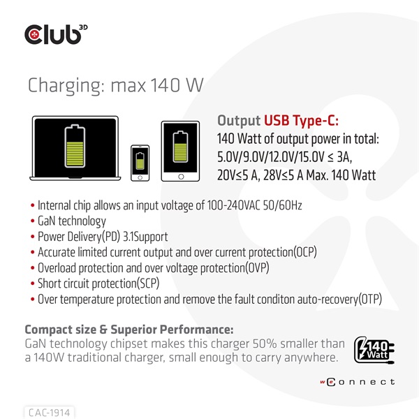 Club 3D   CAC-1914EU 140W GaN USB-C  PD 3.1 Hálózati Töltő