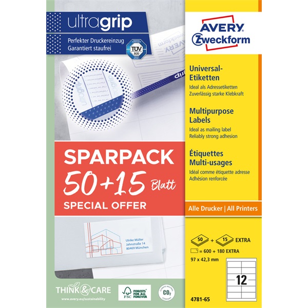 Avery 4781-65 97 x 42,3 mm univerzális 50+15 lap 780 db-os etikett Avery 4781-65 97 x 42,3 mm univerzális 50+15 lap 780 db-os etikett