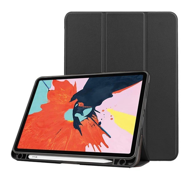 Tok álló, bőr hatású (aktív FLIP, oldalra nyíló, TRIFOLD asztali tartó funkció, Apple Pencil tartó) FEKETE [Apple IPAD Air 2022]