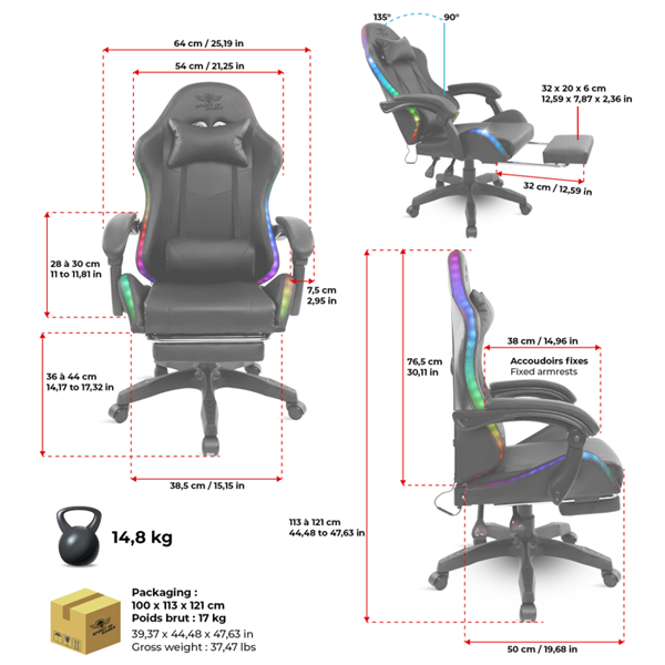 Spirit of Gamer SIRIUS RGB állítható dőlés/magasság kihajtható lábtartó max.120kg-ig Gamer  szék    Fekete