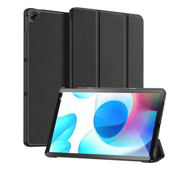 DUX DUCIS DOMO tok álló, bőr hatású (aktív FLIP, oldalra nyíló, TRIFOLD asztali tartó funkció, textil minta) FEKETE [Realme Pad]