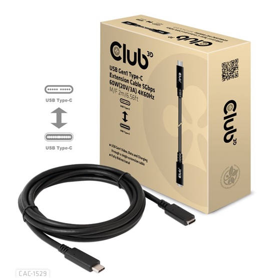 Club3D USB Gen1 Type-C Extension 5Gbps 60W(20V/3A) 4K60Hz M/F 2m kábel Club3D USB Gen1 Type-C Extension 5Gbps 60W(20V/3A) 4K60Hz M/F 2m kábel