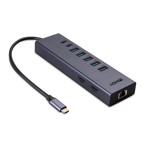 Lindy Multiport adapter, DST-Mini Duo, USB-C, 2x HDMI,8K@60Hz és 4K@120Hz, PD 3.0 100W, USB 3.2 Gen 2, Gigabit Ethernet (43373)