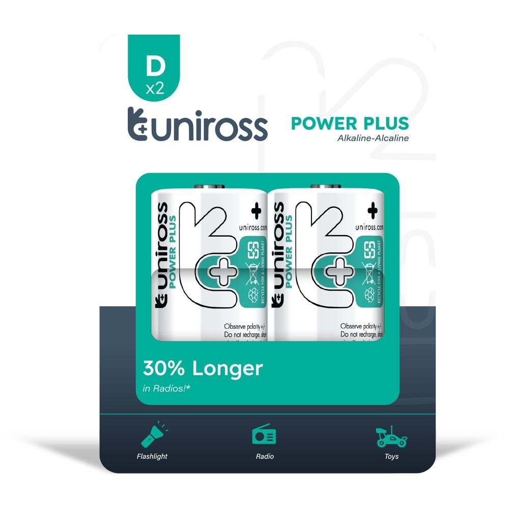Uniross 1,5V D/LR20/góliát tartós alkáli elem POWER PLUS 2db/csomag (UPPDPK2)