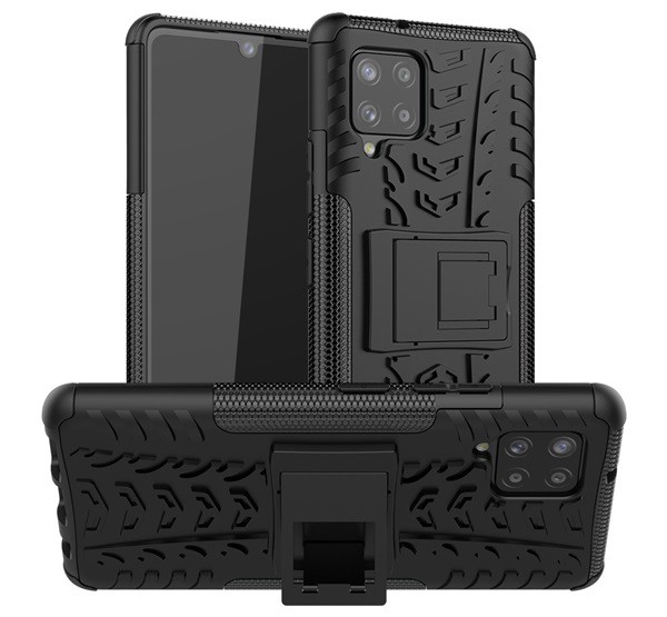 Defender műanyag telefonvédő (közepesen ütésálló, szilikon belső, kitámasztó, autógumi minta) FEKETE [Samsung Galaxy A42 5G (SM-A425F)]