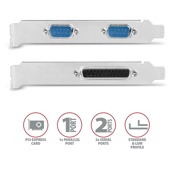 Axagon 2x Soros + 1x Párhuzamos port bővítő kártya PCIe (PCEA-PSN) Axagon 2x Soros + 1x Párhuzamos port bővítő kártya PCIe (PCEA-PSN)