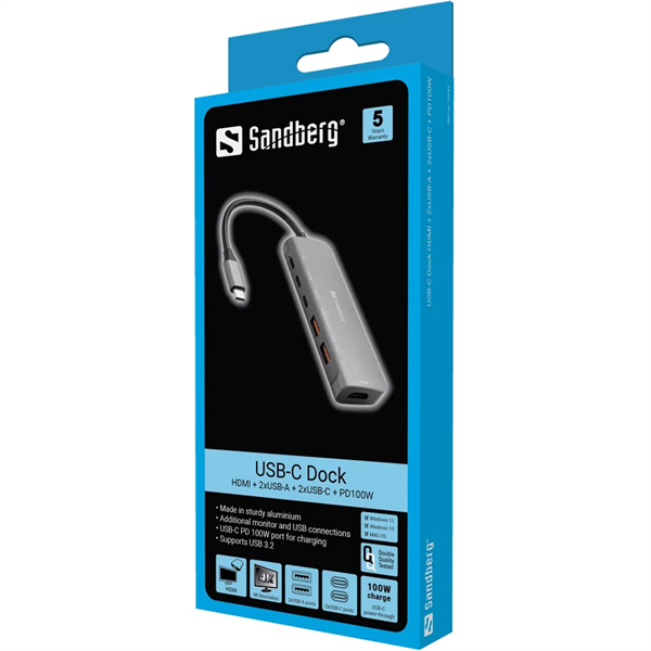 SANDBERG  HDMI + 2xUSB-A + 2xUSB-C + PD100W USB-C Dokkoló